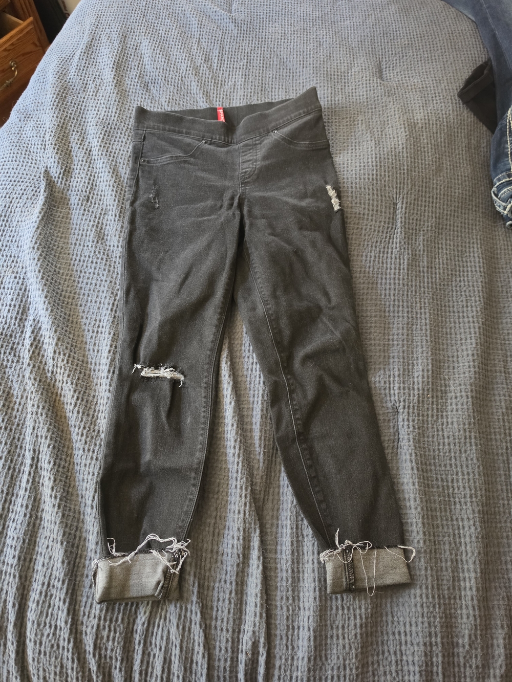 SPANX Black Distressed Skinny Jeans with Frayed Cuffs